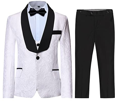 SWOTGdoby Boys Suit Slim Fit Jacquard Tuxedo 3 Piece Set White