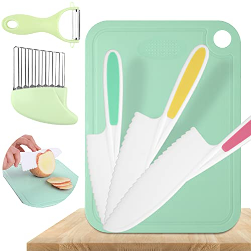 Tikplus Kinder Messer Set, 6-teiliges Kinder Schneidemesser zum Schneiden und Kochen von Obst oder Gemüse für Kleinkinder, 3 Holzmesser + Schneidebrett + Schäler + Wellenmesser
