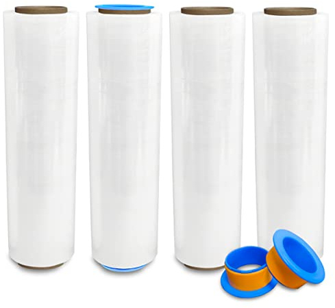 4 Rolls x 18 x 1500 Feet x 80 Gauge Clear Commercial Grade Heavy Duty Plastic Stretch Film Shrink Wrap | Industrial Strength Durable | Shipping Moving Packing Logistics | Holder Included