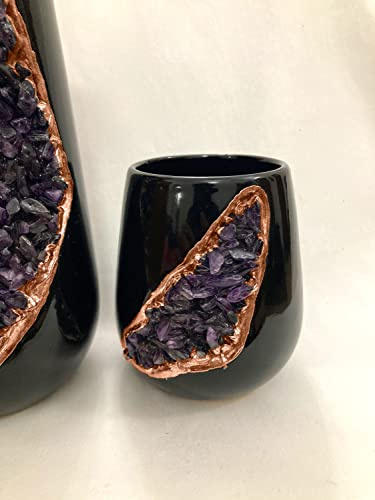 Black and Gold Ceramic Vase/Planter/Pot/Wine Goblet/Mug with Amethyst Semi - Precious Agate Crystal Gemstones |Both(Small & Large), (Rose Gold - Finish)