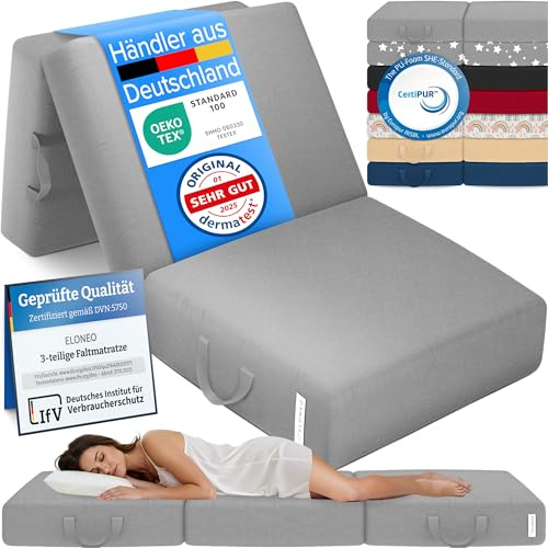 ELONEO Colchón Plegable, colchón para Invitados, colchón Plegable de 3 Piezas, Espuma Extra Gruesa (15 cm), Lavable, Plegable, Adultos (Gris, 90 x 200 x 15 cm)