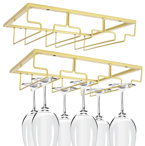 GBACHOOSE 2 Pack Gold Glasses Rack, 3 Rows Wine Glass Rack for 9 Wine Glasses, Under Cabinet Glass Holder, Heavy Duty Metal Hanging Wine Glass Holders Under Shelf for Bars Kitchen