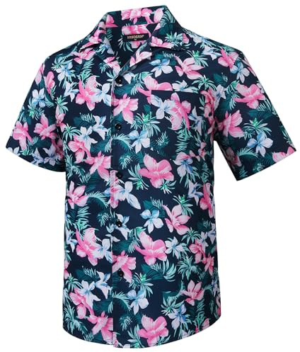 HISDERN Chemise Hawaïenne Homme Manches Courtes Bleu Marine - Poche Avant, Imprimé Fleurs Aloha - Plage, Casual, Été - 4XL