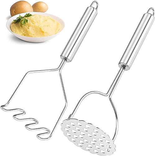 2PCS Potato Masher, MEETOZ Heavy Duty Stainless Steel Mashed Potatoes Masher, Masher Kitchen Tool for Potatoes, Vegetables, Berries， Fruits, Baby Food, Avocado