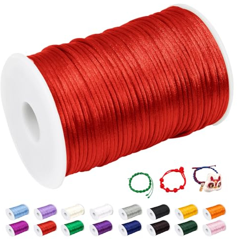 Camal 2 mm hilo de nailon para pulsera, 100 m de hilo de raso con cordón de raso y pulsera deslizante, colorida, cuerda para colgante, perlas, creación de joyas, manualidades (rojo)