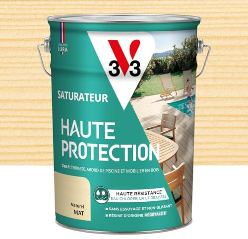 V33 Saturateur bois extérieur Chêne clair mat - Pour terrasses et mobilier de jardin - Haute résistance eau chlorée, UV et graisse - Sans essuyage et non glissant - Résine d'origine végétale - 5L