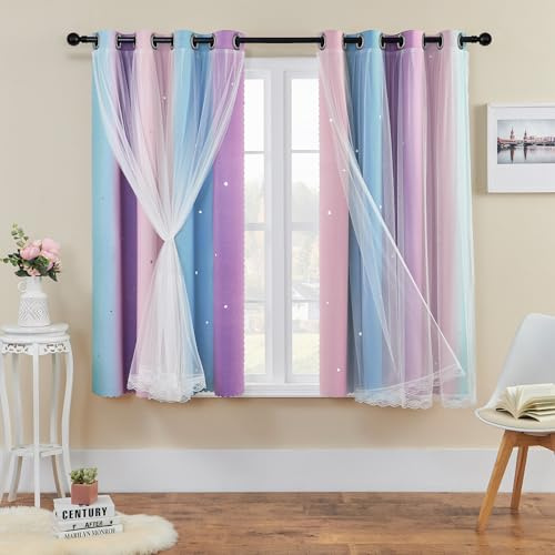 XiDi Regenbogen Vorhänge für Schlafzimmer H160xB132 cm Dekoration ausgehöhlte Sterne Blau Thermoisolierte Netzvorhänge mit Ringen für Kinder Mädchen Fensterbehandlung Schlafzimmer