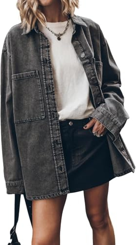 Chaqueta de Mezclilla de Gran tamaño para Mujer Camisa de Mezclilla Informal con Botones Chaqueta de Mezclilla de Manga Larga de Moda Abrigo (agrisado,L)