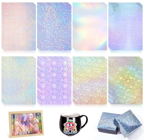 Holografiskt papper 32 ark transparent självhäftande ark A4 självhäftande vinylpapper vattentät holografisk plastfolie 8 mönster, perfekt för bilder scrapbooking