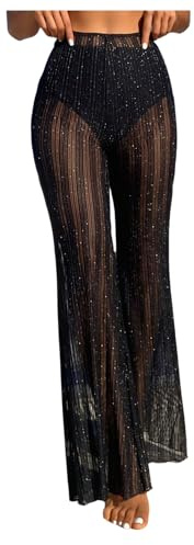 GORGLITTER Women's Glitter High Waisted Sheer Mesh Swimsuit Cover Up Pants Flare Leg Bikini Beach Pants Swimwear Black Small