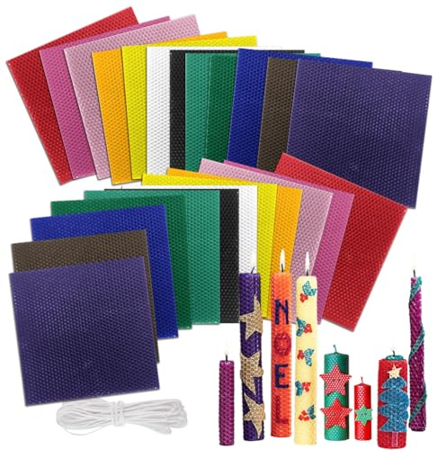 Placas de cera de abejas para velas, 24 unidades, 12 colores de hojas de cera de abejas (20 x 20 cm) con 12 mechas de algodón, juego de fabricación de velas para niños a partir de 3 años y adultos