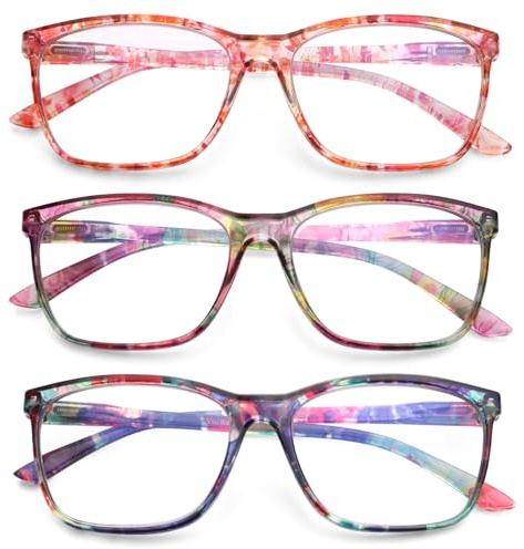 VisiWell 3 Pack Ladies Reading Glasses Blue Light Blocking Spring Hinge Fashion Pattern Print Eyeglasses for Women (Mix Color, 2.75, Dioptres)