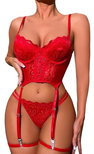 ZTFYKLIN Conjunto De Lencería Sexy para Mujer, Encaje, Body con Ramillete, Escote En V, Lencería, Sujetador Y Colgante Media (Red, S) Ropa Interior Mujer Lenceria Erótico Abierta Baby Doll