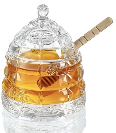 H&D HYALINE & DORA honungsglas med träsked och lock, 90 ml klart glasset som sirap dispenser för kök och hem