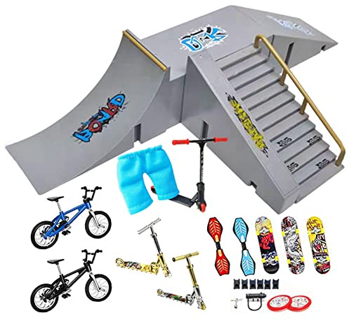 Juego de rampas para monopatín de dedos de gran tamaño – Parque modular con monopatín de dedos, bicicleta y patinete, incluye pantalones y mini zapatos – Kit de rampa definitivo para entrenamiento