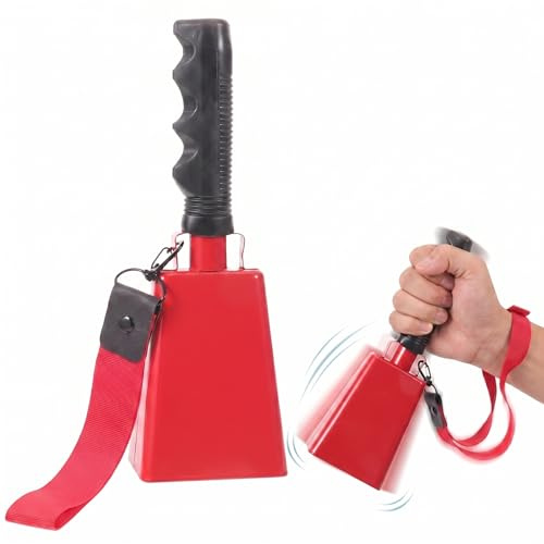 TOYANDONA Metal Cowbell with Handle & Wrist Strap - 8. 6 Inch Loud Cheering Hand Bell for Sporting Events, Cow Bells Noise Makers, Percussion Music Instrument for Football Games (red)