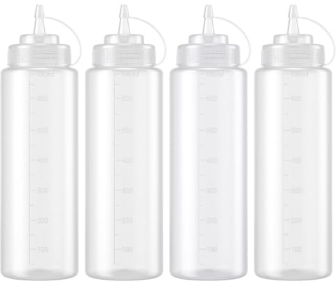 Stormshopping Squeeze Bottles, Plastic Sauces Bottles, 4 Pack 680ml/24oz | Squeezy Bottles with Nozzles, Condiment Bottle with Twist On Cap Lids, Oil Dispenser Bottle, for Ketchup, Barbecue, Painting
