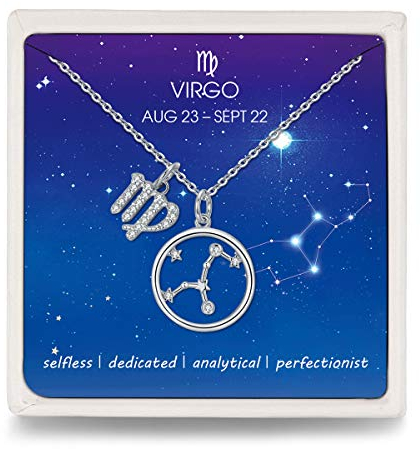 Qings 925 Silber Kette Damen Jungfrau Sternzeichen Halskette mit Kreis Stern Zirkonia Anhänger, Modeschmuck Kette für Damen Frauen Mädchen