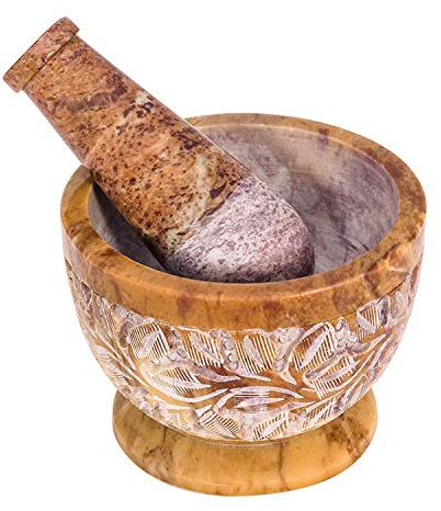 Divit Shilp Mörser und Stößel, hergestellt aus hochbelastbarem, poliertem Hartstein, Natursteinmahlwerk für Gewürze, Pasten, Kräuter, Gewürze etc. (Mix Color with Engraving)