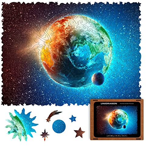 UNIDRAGON Original Wooden Jigsaw Puzzles - Space Planet Earth, 250 pcs, Medium 12.2x9, Beautiful Gift Package, Unique Shape Best Gift for Adults and Kids