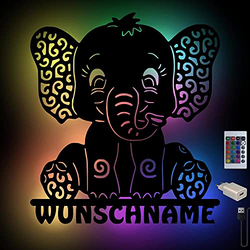 RGB USB Elefant Wand-Leuchte Nachtlicht Geschenke mit Namen personalisiert Schlummerlicht Baby-Zimmer Kinder-Zimmer Holz Wand-Lampe