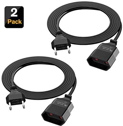 2er-Set Euro Stromkabel, Verlängerungskabel Flachkabel