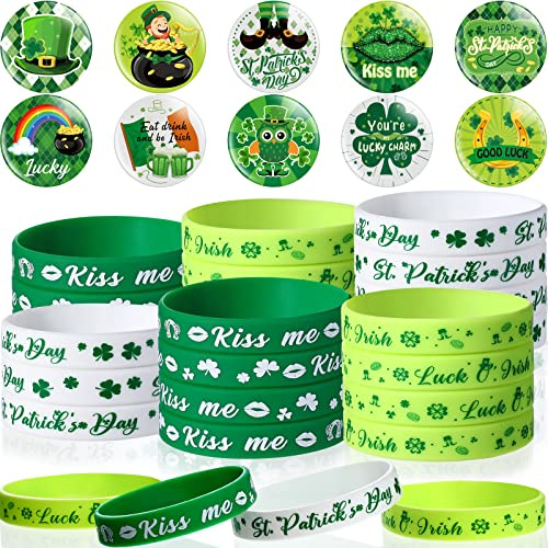 Chuangdi 60 Pcs St. Patrick's Day Set Included 30 Green Shamrock Rubber Wristbands Bracelets Lucky 4 Leaf Clover Silicone Bracelets and 30 Novelty Buttons Badges Pins for Irish Party Favor Supplies