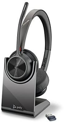 Poly Voyager 4320 UC schnurloses Headset + Ladestation (Plantronics) – Stereo-Kopfhörer, Noise Cancelling-Mikrofon, lange Akkulaufzeit, Bluetooth-Verbindung mit PC/Mac/Mobiltelefon, Teams-zertifiziert