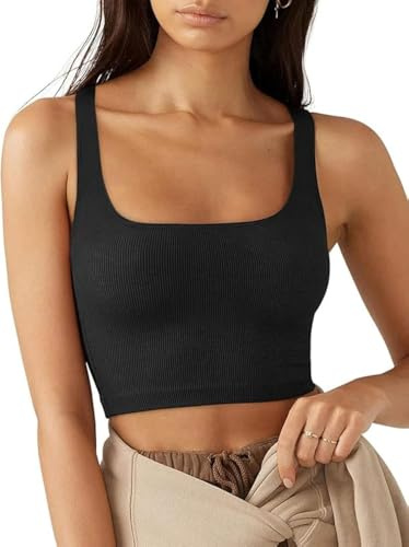 Rongseng Débardeur Femme Crop Top Sexy Crop Tank Tops sans Manches à Col Carré Côtelé Sports Camisole Cropped Côtelé Été Basiques Yoga Fitness Haut