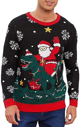 Jersey Hombre Navidad, Jersey Navideño Feo, Suéter Navideño, Ugly Sweater Pullover Christmas Papá Noel Y Dinosaurio Oversized Sweatshirt Jumper Punto Manga Larga Invierno Cuello Redondo (M, A)