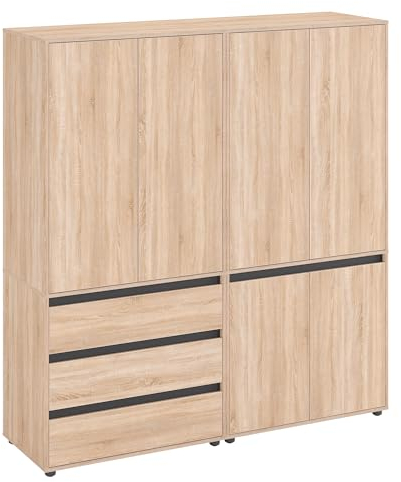KOMTO Kleiderschrank Groß in Sonoma Eiche - Schrank Schlafzimmer Kinderzimmer Mehrzweckschrank mit 6-türig & 3 Schubladen Garderobenschrank Flur | Drehtürenschrank Cube 180 x 192 x 53 cm