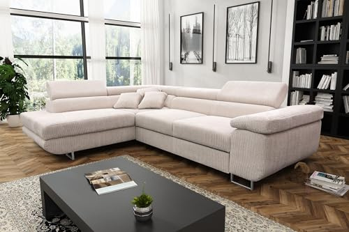 Tendencio Canapé d'angle Convertible ANTONI en Velours côtelé avec têtières réglables. Lit et Coffre de Rangement. (Beige, Angle Gauche)