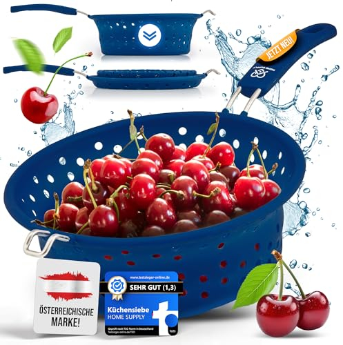 HOME SUPPLY 3-in-1 Faltbares Sieb aus Silikon und rostfreiem Edelstahl, Küchensieb, Nudelsieb, Dampfgar Einsatz, Abtropfsieb, platzsparend, multifunktional, geschirrspülfest, 21cm Marineblau