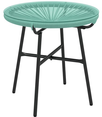 Outsunny Table Basse Ronde de Jardin en résine Aspect rotin métal et Plateau Verre trempé Ø 50 x 50 cm Vert