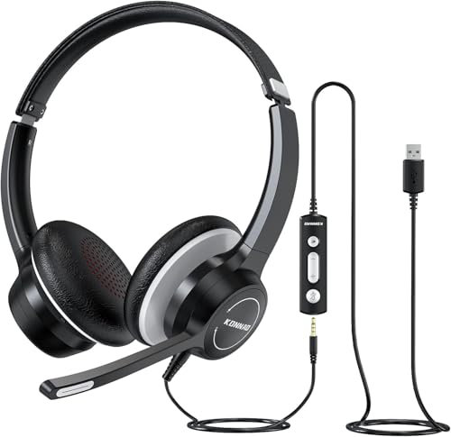 KONNAO Auriculares USB con micrófono, Auriculare de computadora por Cable de 3,5 mm con micrófono, Headsets estereofónicos para pc, Control en línea, Auriculares de Trabajo para Skype Zoom