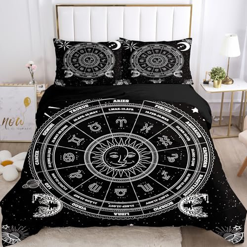 Ropa de Cama de Sol y Luna, Suave y acogedora Funda nórdica de Microfibra, Sol, Luna y Estrellas, con Cremallera, 1 Funda nórdica y 2 Fundas de Almohada de 50 x 75 cm (Constelación-a, 135x200cm)