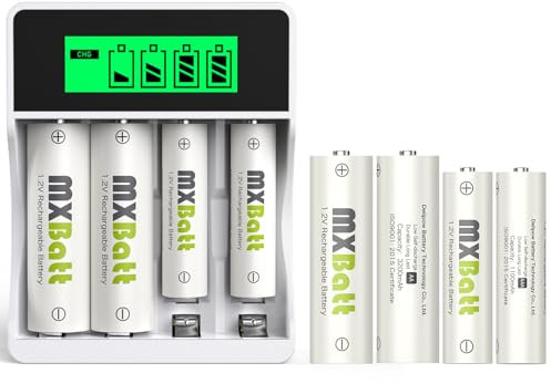 MXBatt Pilas Recargables AA y AAA con Cargador,1,2V Nimh Pilas Recargables 4 Units AA 3200mAh y 4 Units AAA 1100mAh LCD Independent Slot Cargador