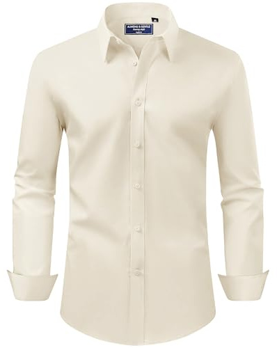 Alimens & Gentle Men's Dress Shirt Regular Fit Stretch Stain Shield Long Sleeve Solid Business Wedding Button Down Shirts,Beige,Small