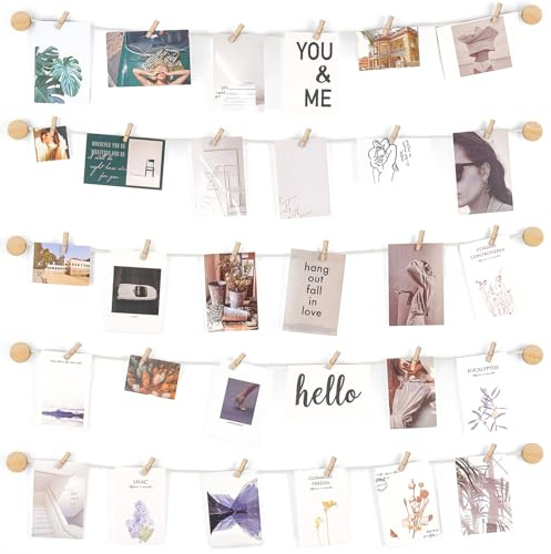 Mkono Imágenes para colgar fotos, decoración de pared, 5 cuerdas con 30 clips, soporte para tarjetas de fotos múltiples, para habitación de adolescentes, arte de pared para dormitorio, guardería,