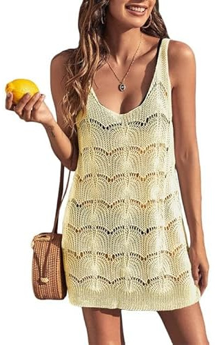 Saodimallsu Robe d'été sans manches pour femme - Style bohème - En maille filet - Robe de plage sexy au crochet - Robe de loisirs