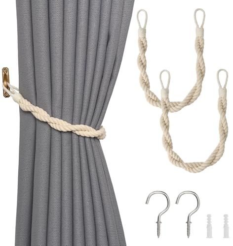 Pretty Jolly 2 Pack Natural Cotton Rope Curtain Tiebacks Elegant Boho Style Decor Drape Tie Backs Soft Hand-Woven Double Rope Curtain Holdbacks with Metal Hook for Home & Office Drapery (Beige)