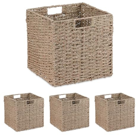 Relaxdays Set 4 Cesti Intrecciati Portaoggetti in Seagrass, 30x30x30cm, Scatola da Scaffale Cubo, Stile Vimini, Naturale