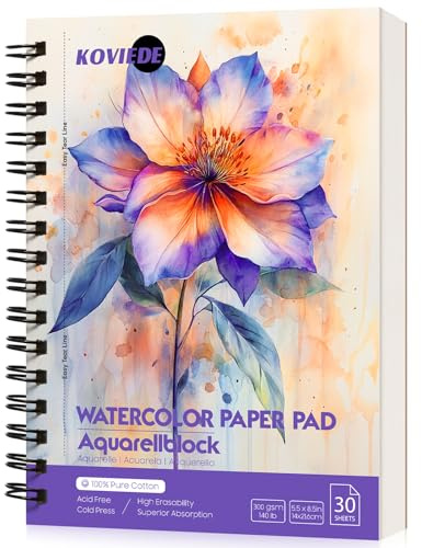 KOVIEDE Bloc de papier aquarelle 100% coton A5 - Grain fin, 300 g/m², reliure spirale, carnet de croquis aquarelle de qualité professionnelle pour adultes et enfants