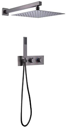 PUFAHAU Juego de Mezclador de Ducha empotrable, Cabezal de Ducha de Lluvia Cuadrado, válvula de Ducha empotrada para Sistema de Ducha(Gun Grey-A)