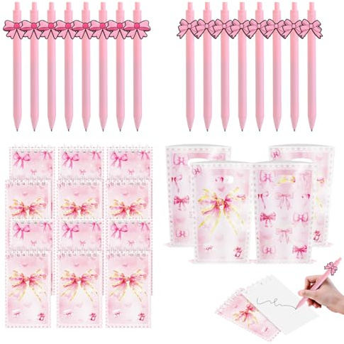 Chris.W 60 st rosa rosetter partypresenter set – rosa gelpennor svart bläck kokett estetiska pennor, kokettrosett spiralanteckningsböcker, rosett gåva presentpåse för journalföring kontorsmaterial