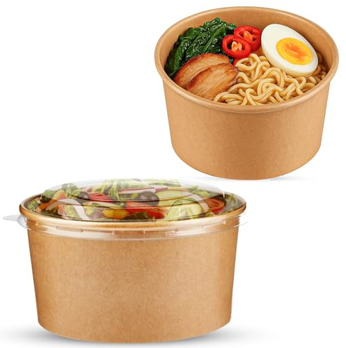 CHEF ROYALE 10x 500ml Kraft Salad Paper Bowls with Lids - Disposable Takeaway Bowls for Hot/Cold Food - Leakproof Soup Containers - Cardboard Packaging Bowls