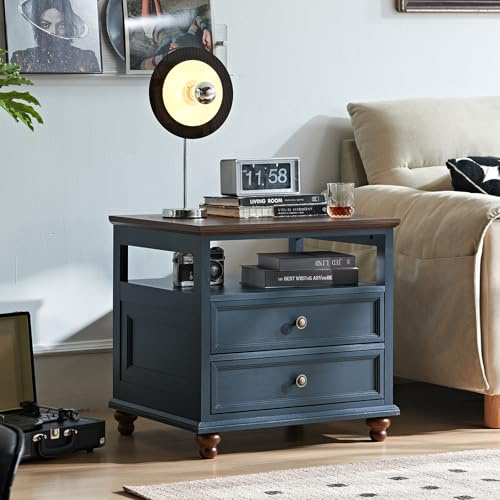 LELELINKY Blue Farmhouse Nightstand,24 Wide End Table With 2 Drawers, Dresser For Bedroom, Bed Side Table Chest Of Drawers Cabinet Suitable For Bedrooms, Living Rooms, Study Rooms, Offices