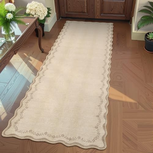 GarveeHome 2x6 Scalloped Washable Runner Rug for Kitchen, Soft Tan Jute Hallway Runner Non Slip Entryway Rug Farmhouse Thin Laundry Mat Stain Resistant Carpet for Bedroom Bathroom Beside Rug
