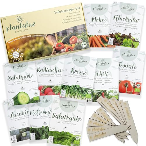 Plantaluz Bio Premium Saatgut Selbstversorger-Set – 10 Sorten Gemüse & Kräuter für Garten, Balkon & Hochbeet – inkl. Pflanzstecker – samenfest, ungebeizt, gentechnikfrei
