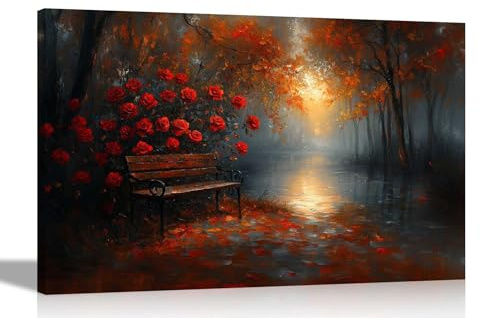 Artley Prints - Rose Flower with Bench in Autumn Park Canvas Prints Wall Art Pictures Home Living Room Bedroom Artwork 51 x 35cm (20 x 14 inches)